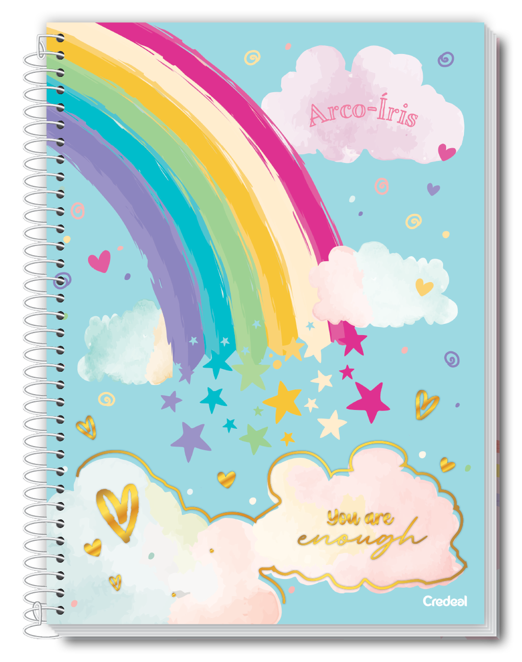 Caderno Arco‑Íris 1 Matéria 80 Folhas Credeal – Capa Dura Espiral Universitário | Design Motivacional Colorido