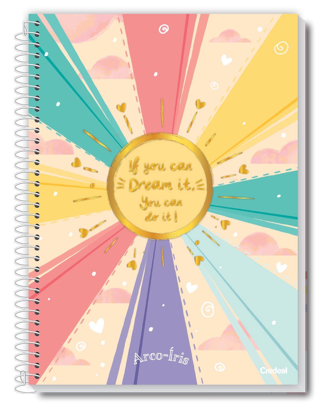 Caderno Arco‑Íris 1 Matéria 80 Folhas Credeal – Capa Dura Espiral Universitário | Design Motivacional Colorido