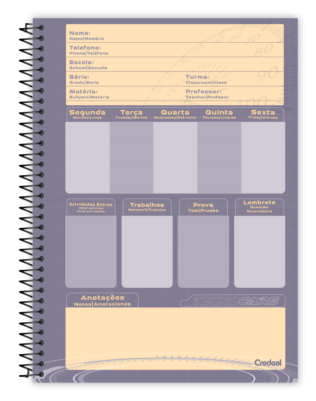 Caderno TecnoCars Credeal | Estampa Carros | 1 Matéria 96 Folhas Capa Dura Universitário