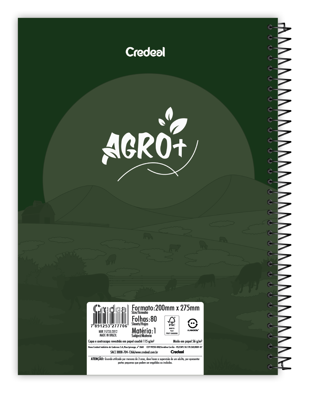 Caderno Agro+ 10 Matérias 160 Folhas Universitário Credeal – Capa Dura, Espiral, Folhas Pautadas, Ideal Estudo e Organização