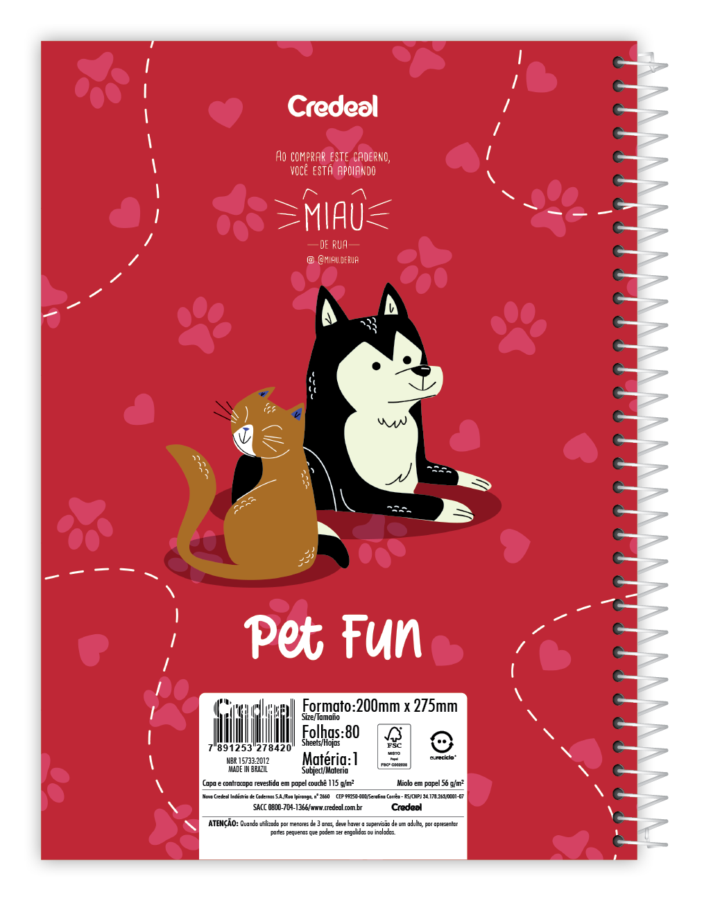 Caderno Pet Fun Credeal – 1 Matéria, 80 Folhas, Capa Dura, Universitário | Estampas de Pets