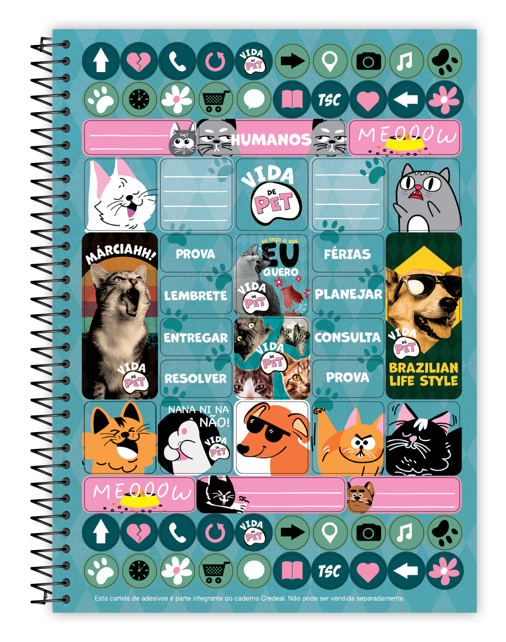 Caderno Vida de Pet 80 Folhas 1 Matéria Universitário Credeal – Capa Dura, Espiral – Design Pet Adorável