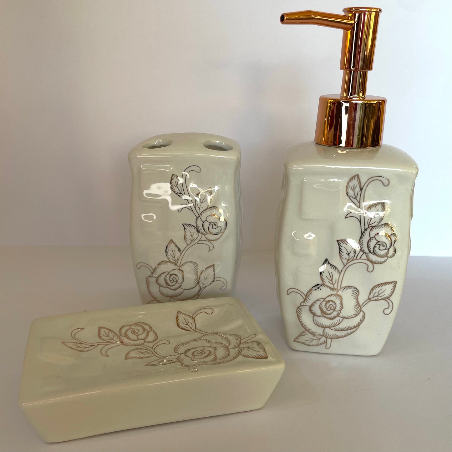 Kit Banheiro Porcelana - Dispenser Sabonete Líquido, Porta Sabonte e Porta Escova de Dente | Wellmix