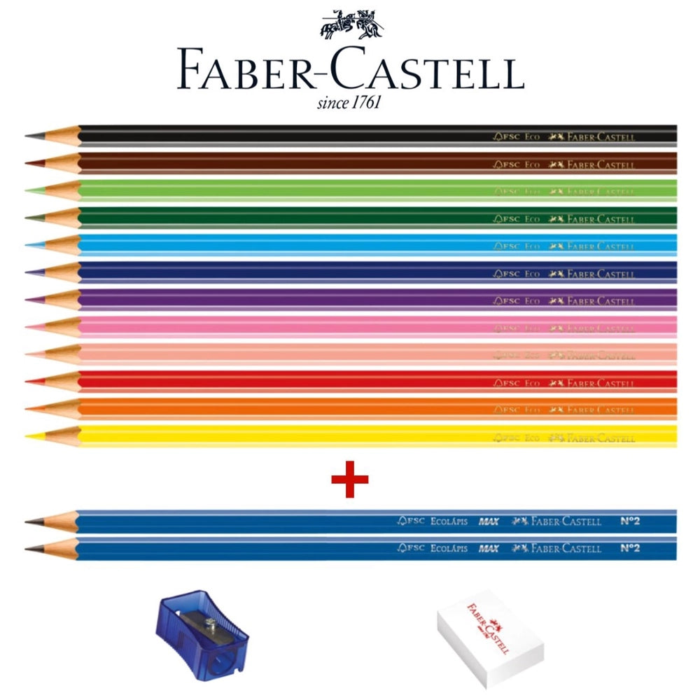 Lápis de Cor Faber-Castell EcoLápis 12 Cores, Kit com Apontador, Borracha e 2 EcoLápis Grafite 120112+2N