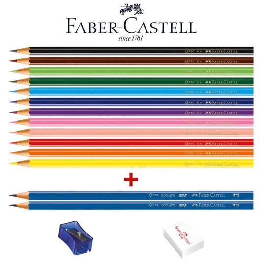 Lápis de Cor Faber-Castell EcoLápis 12 Cores, Kit com Apontador, Borracha e 2 EcoLápis Grafite 120112+2N