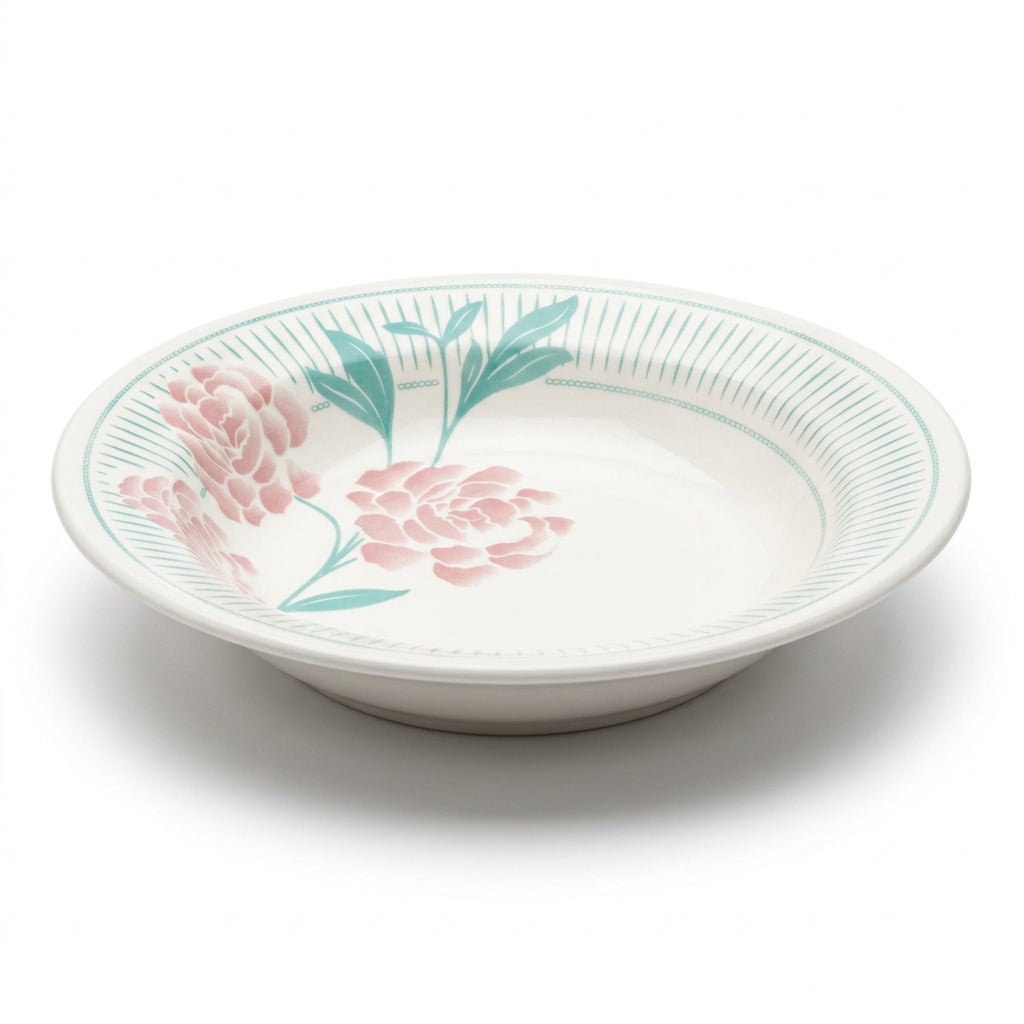 Jogo 6 Pratos Fundos 21,5 cm Donna Bloom | Cerâmica Biona Oxford | Floral Verde Água e Rosa