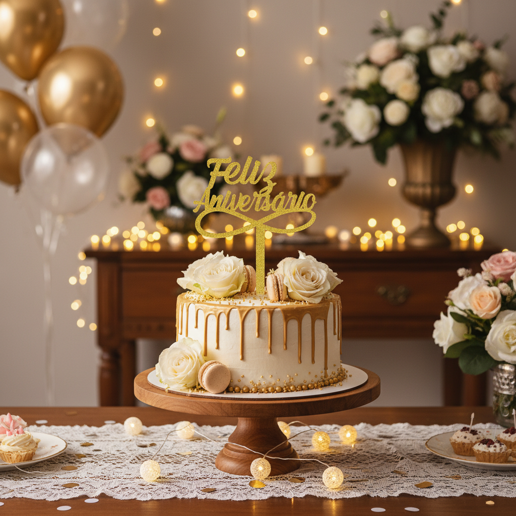 Topo de Bolo Feliz Aniversário Dourado — Brink Fest