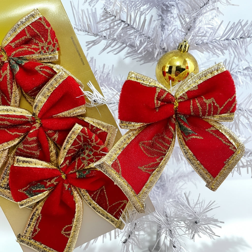 Kit 4 Laços Natalinos de Veludo Art Christmas – 10 × 7,5 cm | Decorativo para Árvore, Guirlanda e Presentes