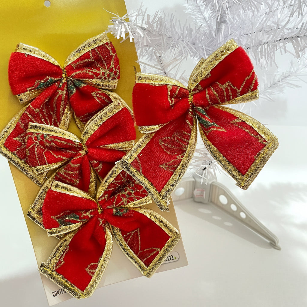 Kit 4 Laços Natalinos de Veludo Art Christmas – 10 × 7,5 cm | Decorativo para Árvore, Guirlanda e Presentes