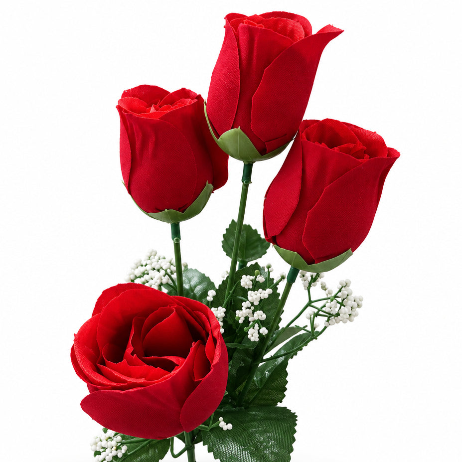 Buquê de Rosas Artificiais Vermelhas Botão Aveludado 34cm – 5 Botões | Florarte