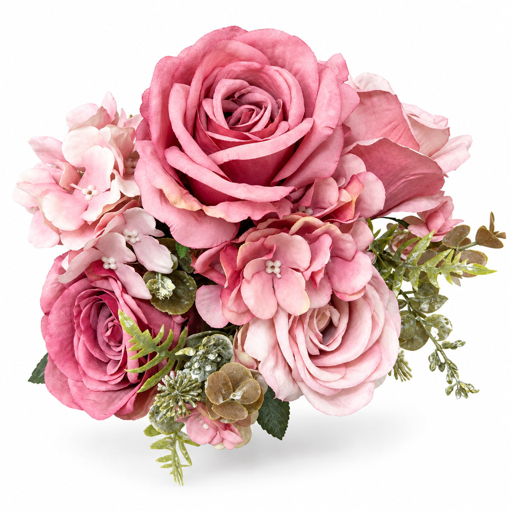 Buquê de Rosas e Hortênsias Artificiais Rosa Outono 45 cm – 9 Hastes | FlorArte