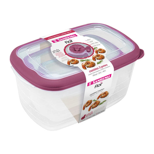 Conjunto 3 Potes Retangulares Sanremo Linha Flor – 700 ml, 2,3 L e 4,6 L | Tampas Herméticas, Válvula p/ Micro-ondas, Livre de BPA