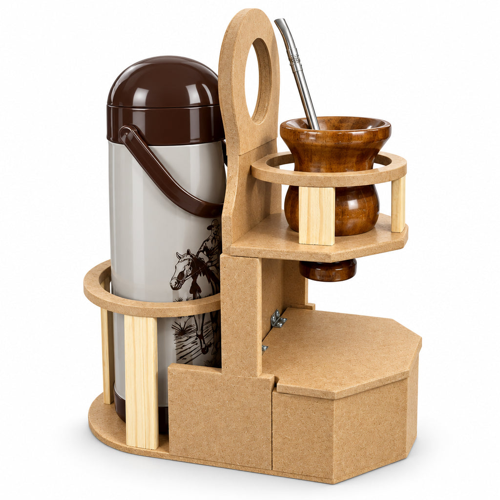 Porta Cuia e Térmica de Madeira Alf – Suporte para Chimarrão 1 L e 2 L
