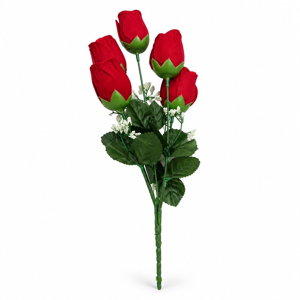Buquê de Rosas Artificiais Vermelhas Botão Aveludado 34cm – 5 Botões | Florarte