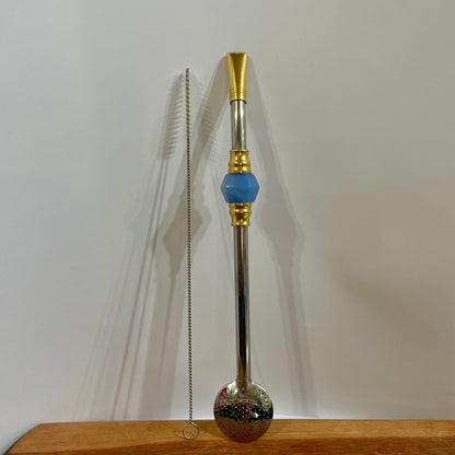 Bomba de Chimarrão Aço Inox 25 cm com Rosca - Bocal Dourado - Decoração Pedra Acrílica | Garibaldi