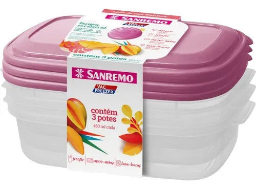 Conjunto 3 Potes Retangulares Sanremo Vac Freezer 1,1L — Hermético, Livre de BPA, Freezer & Micro-ondas