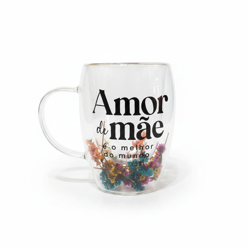 Caneca de Vidro Flower 320ml Brasfoot | Mãe, Melhor Amor do Mundo