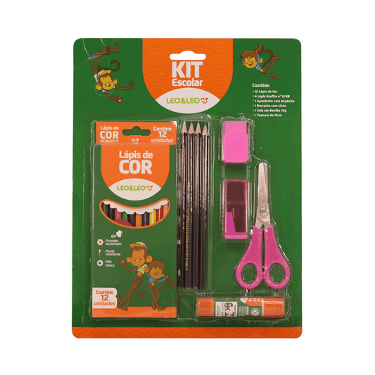 Kit Escolar 6 Peças - Lápis de Cor, Lápis Grafite, Apontador, Borracha, Cola em Bastão, Tesoura | Leo&Leo
