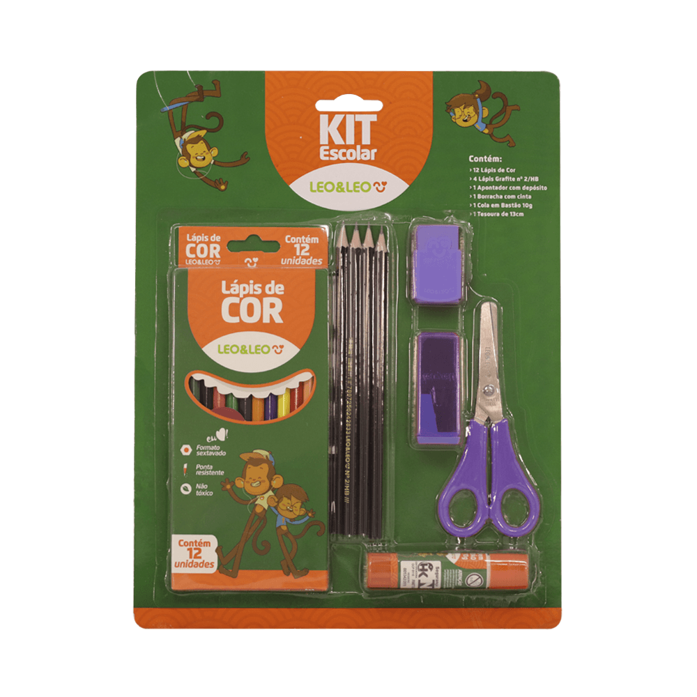 Kit Escolar 6 Peças - Lápis de Cor, Lápis Grafite, Apontador, Borracha, Cola em Bastão, Tesoura | Leo&Leo