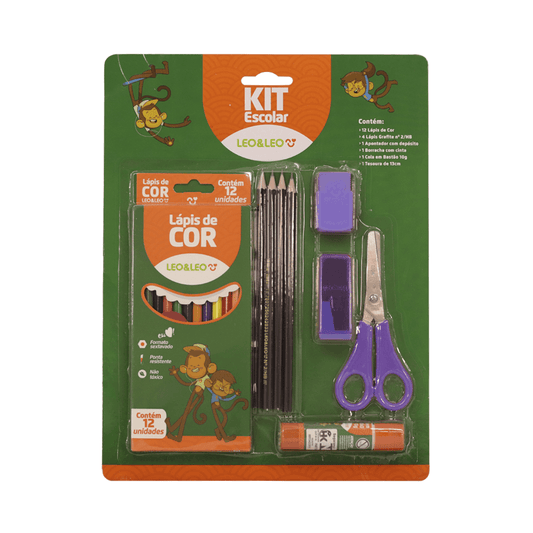 Kit Escolar 6 Peças - Lápis de Cor, Lápis Grafite, Apontador, Borracha, Cola em Bastão, Tesoura | Leo&Leo