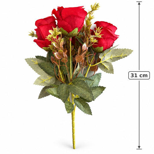 Buquê de Rosas Artificiais Vermelho Outono 31 cm – 7 Hastes | FlorArte