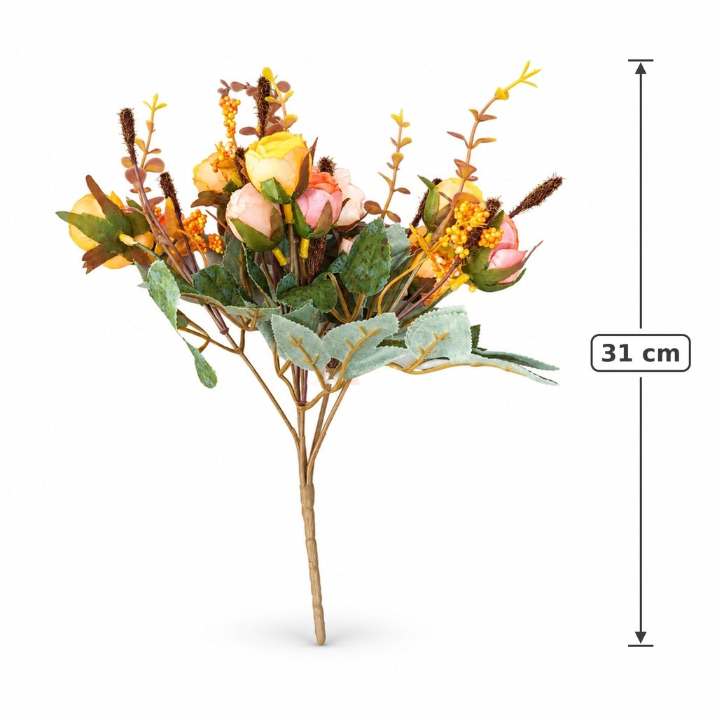 Buquê de Camélias Artificiais Amarelo e Laranja Outono 31 cm – 13 Hastes | Florarte