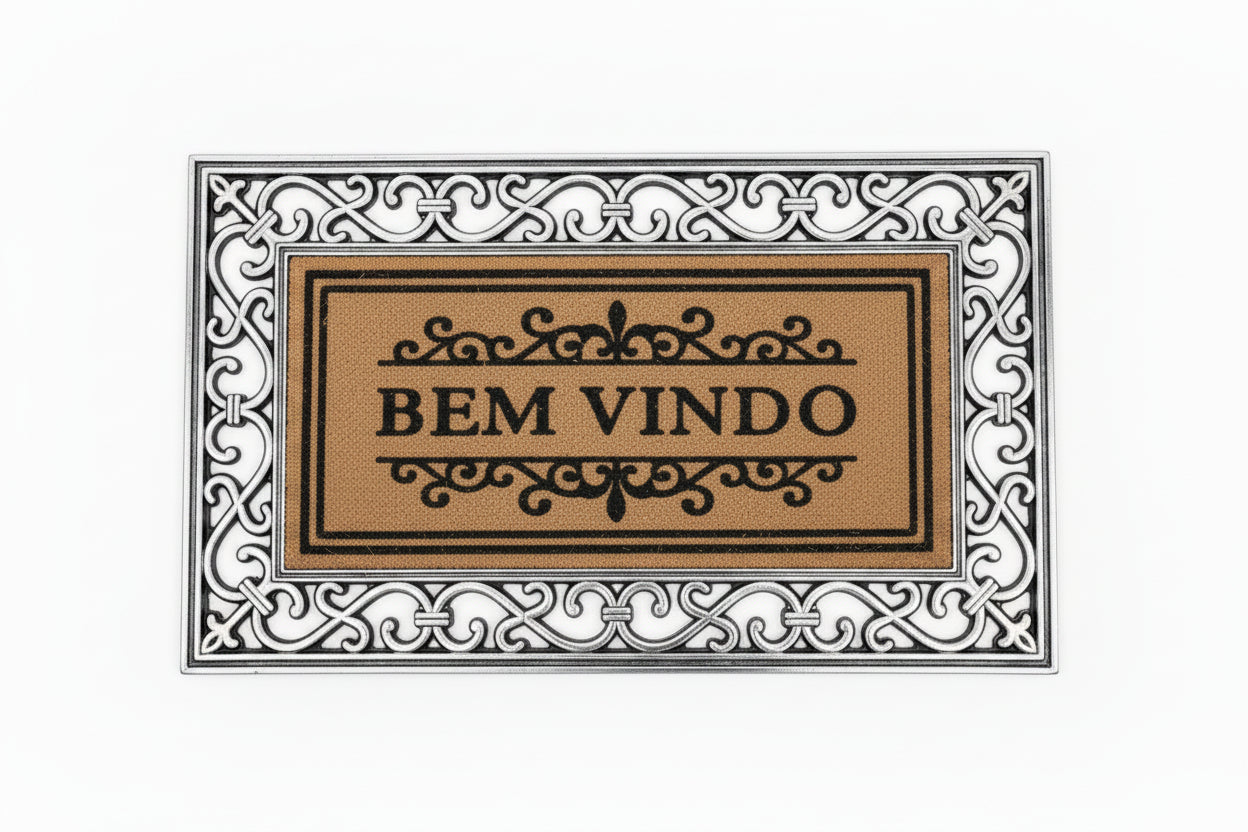 Capacho Bem-Vindo Fibra de Coco Natural 45×75 cm Antiderrapante Prata — Niazitex