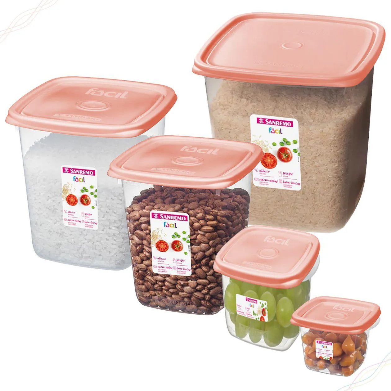 Conjunto 5 Potes Herméticos Plásticos Sanremo Fácil – 7L + 4,5L + 1,7L + 800ml + 200ml – Livre de BPA, Hermético, Micro-ondas, Freezer