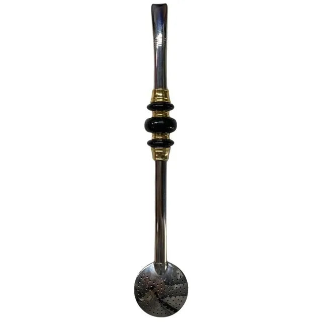 Bomba de Chimarrão Inox 22 cm Preta com 3 Anéis Dourados – Matetri