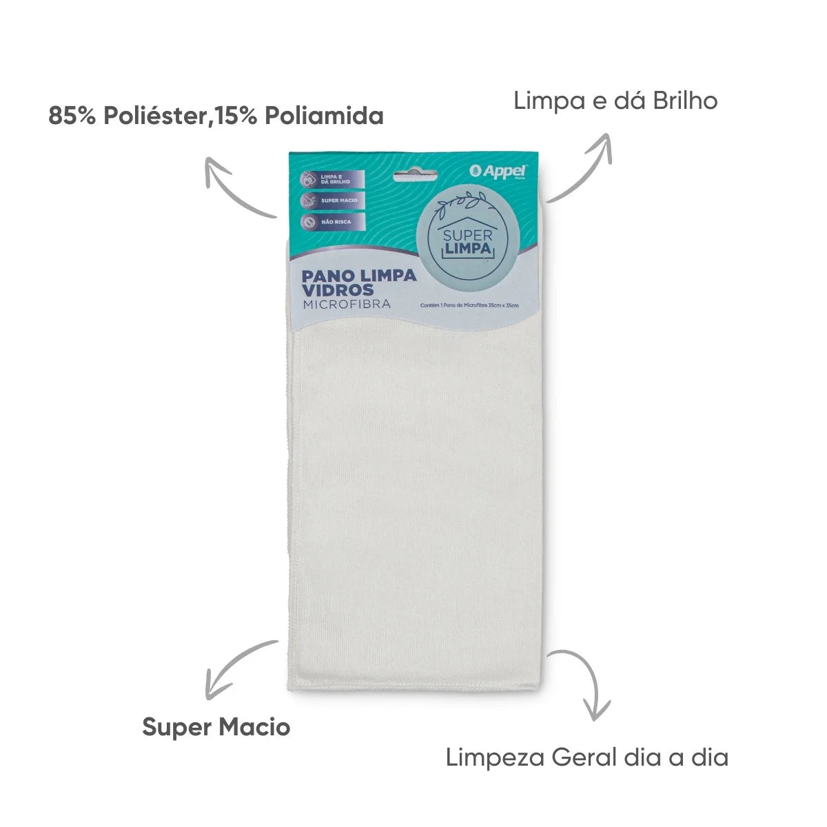 Pano de Microfibra Limpa Vidros 35x35 cm Appel Home – Sem Riscos e Sem Fiapos