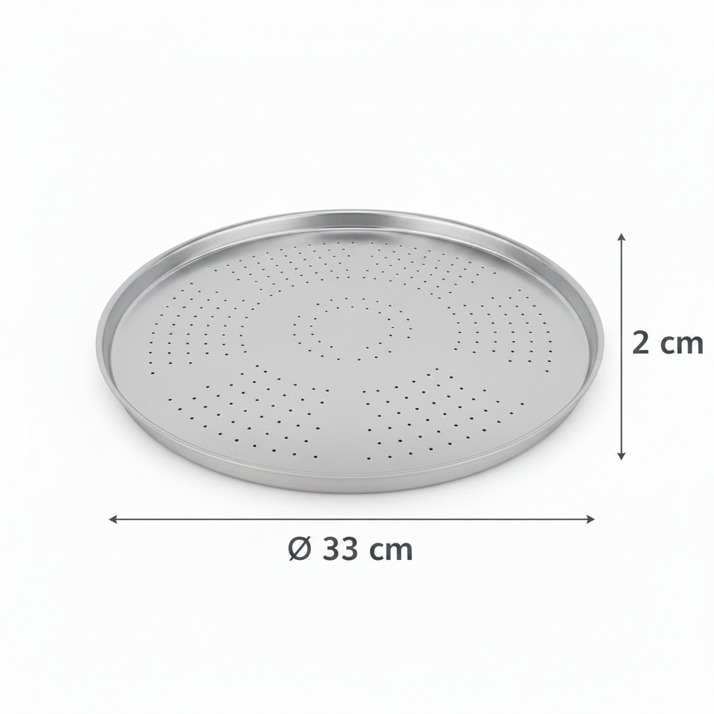 Forma de Pizza Furada 33cm – Alumínio Polido 5 Estrelas | Massa Crocante Garantida