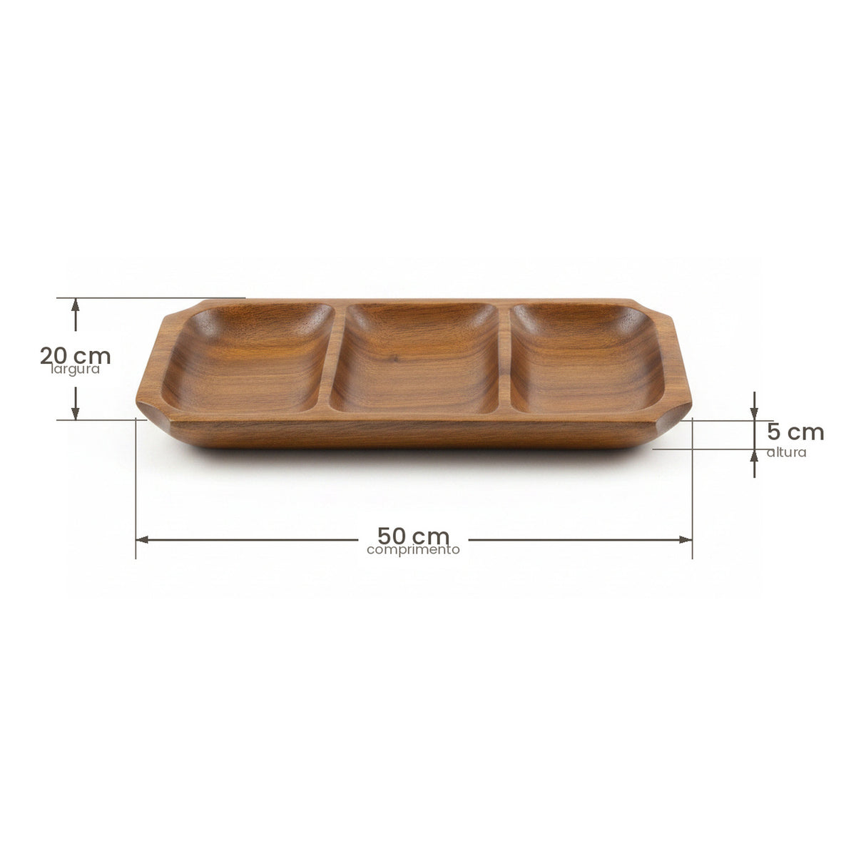 Gamela de Madeira Maciça com 3 Divisórias – Petisqueira Artesanal 50x20x5 cm