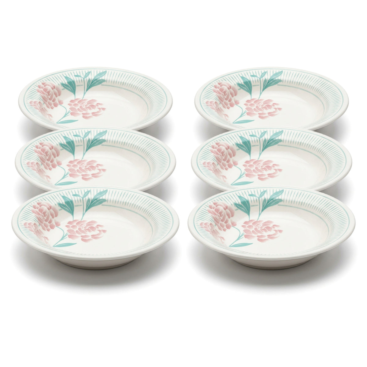Jogo 6 Pratos Fundos 21,5 cm Donna Bloom | Cerâmica Biona Oxford | Floral Verde Água e Rosa