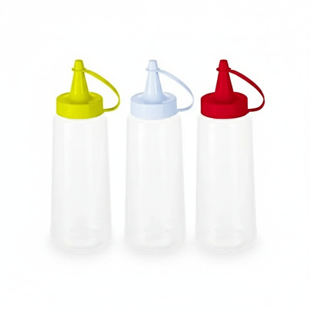 Kit 3 Bisnagas Plásticas 250ml Plasvale – Maionese/Ketchup/Mostarda/Molhos – Transparente PP