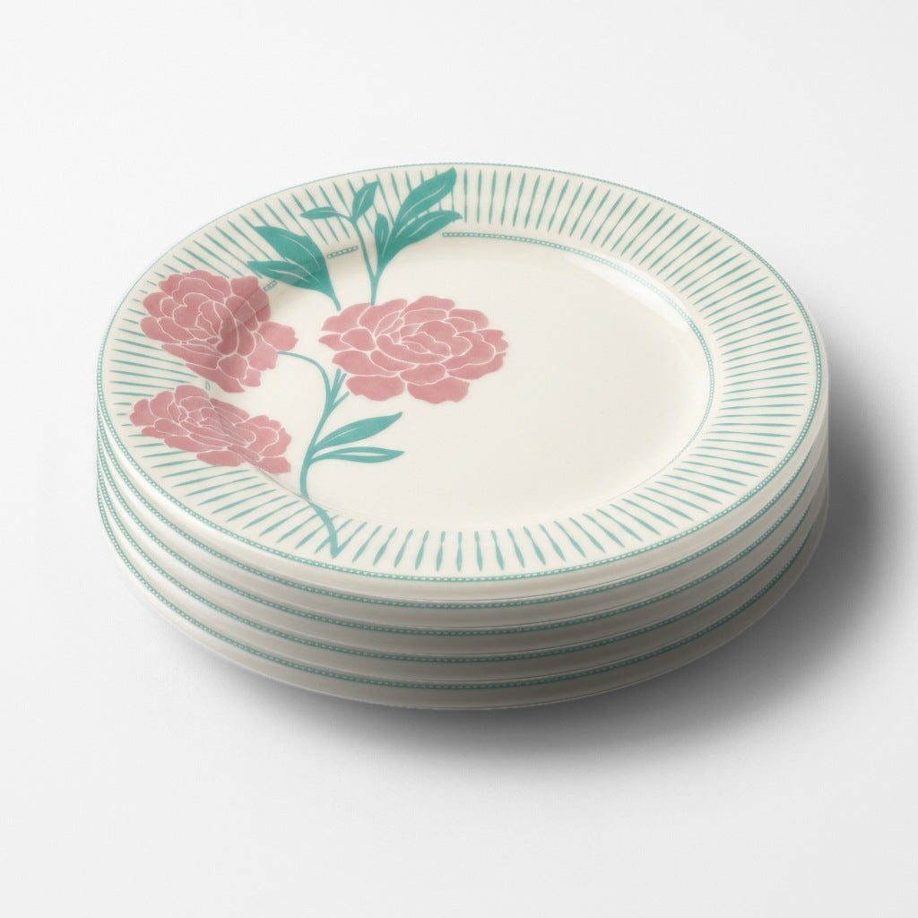 Kit 5 Pratos de Sobremesa 18 cm Donna Bloom Cerâmica Floral Rosa e Verde-Água – Biona Oxford