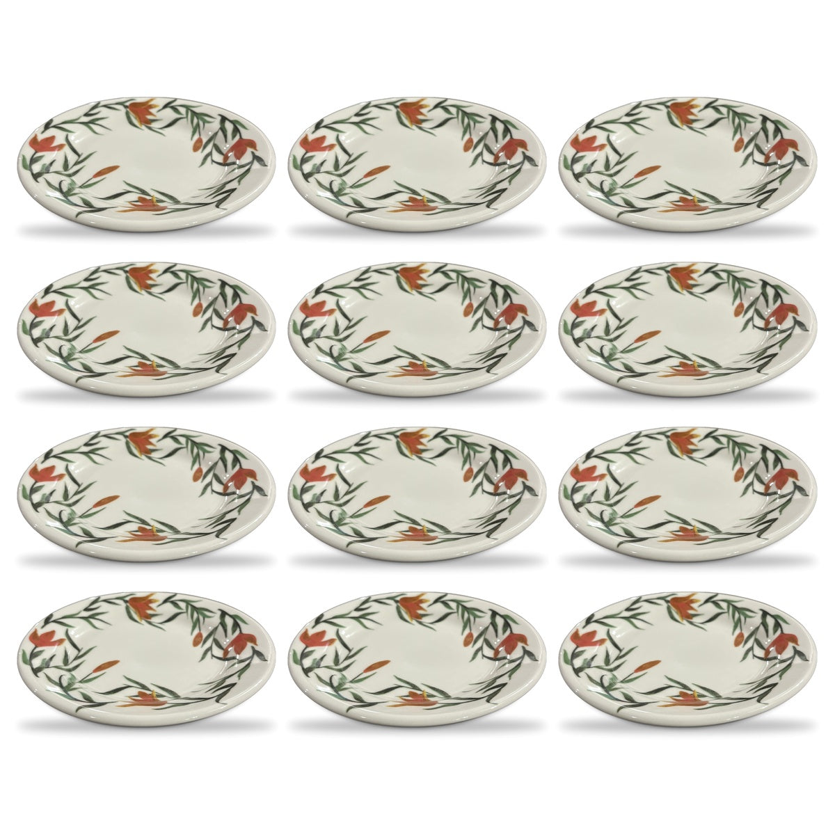 Jogo 12 Pratos de Sobremesa Donna Lírios 18 cm | Cerâmica Biona Oxford | Floral Laranja e Verde