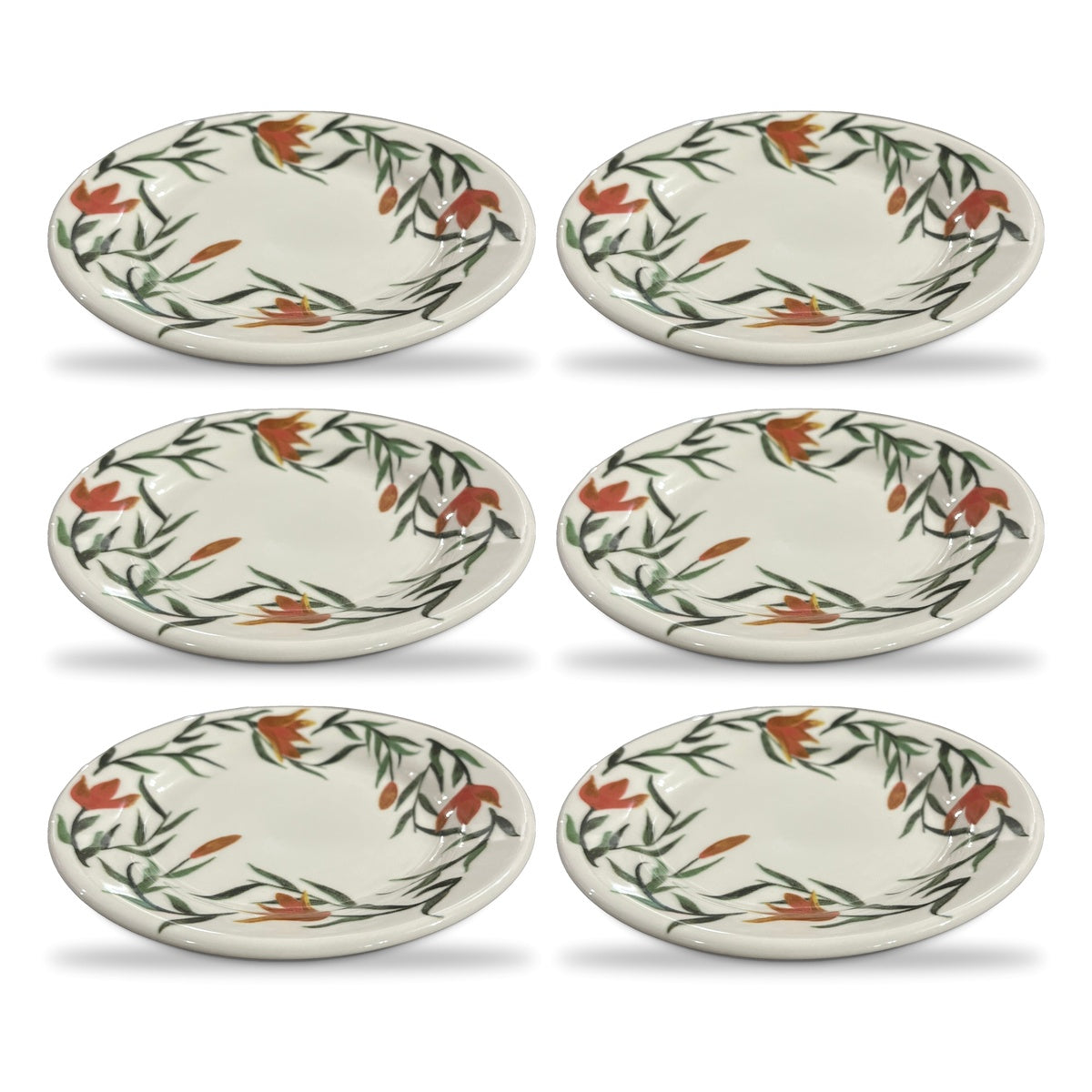 Jogo 6 Pratos de Sobremesa Donna Lírios 18 cm | Cerâmica Biona Oxford | Floral Laranja e Verde