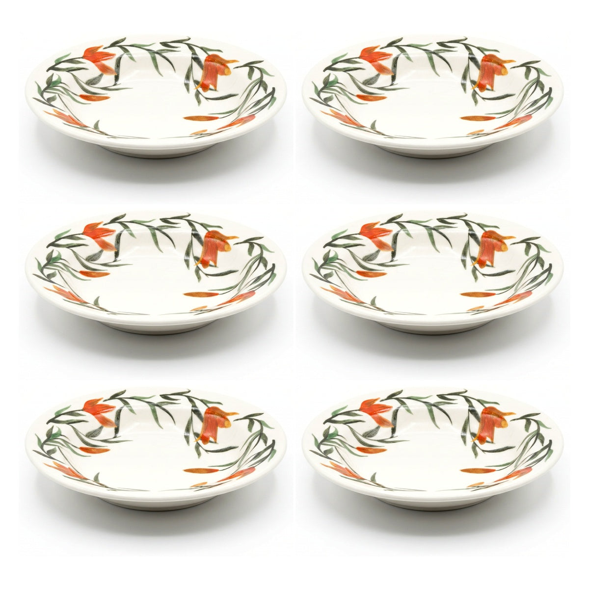 Kit 6 Pratos Fundos Lírios 21,5 cm | Cerâmica Biona Oxford Donna | Floral Laranja e Verde