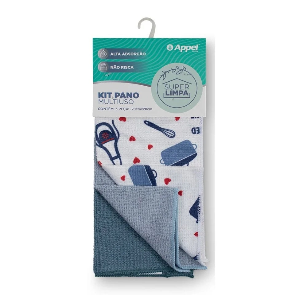 Kit Pano Multiuso Microfibra 28x28cm 3 Peças – Linha Super Limpa | Appel Home