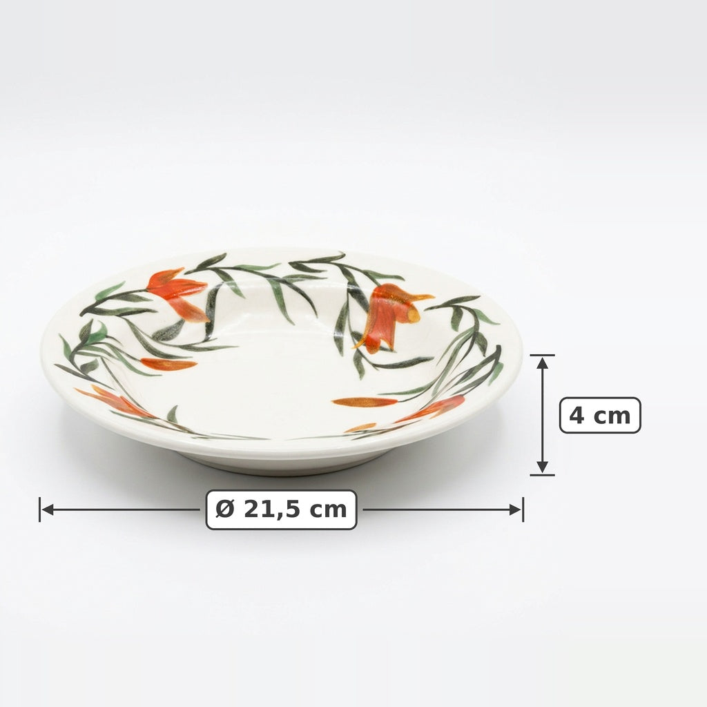 Prato Fundo Lírios 21,5 cm | Cerâmica Biona Oxford Donna | Floral Laranja e Verde