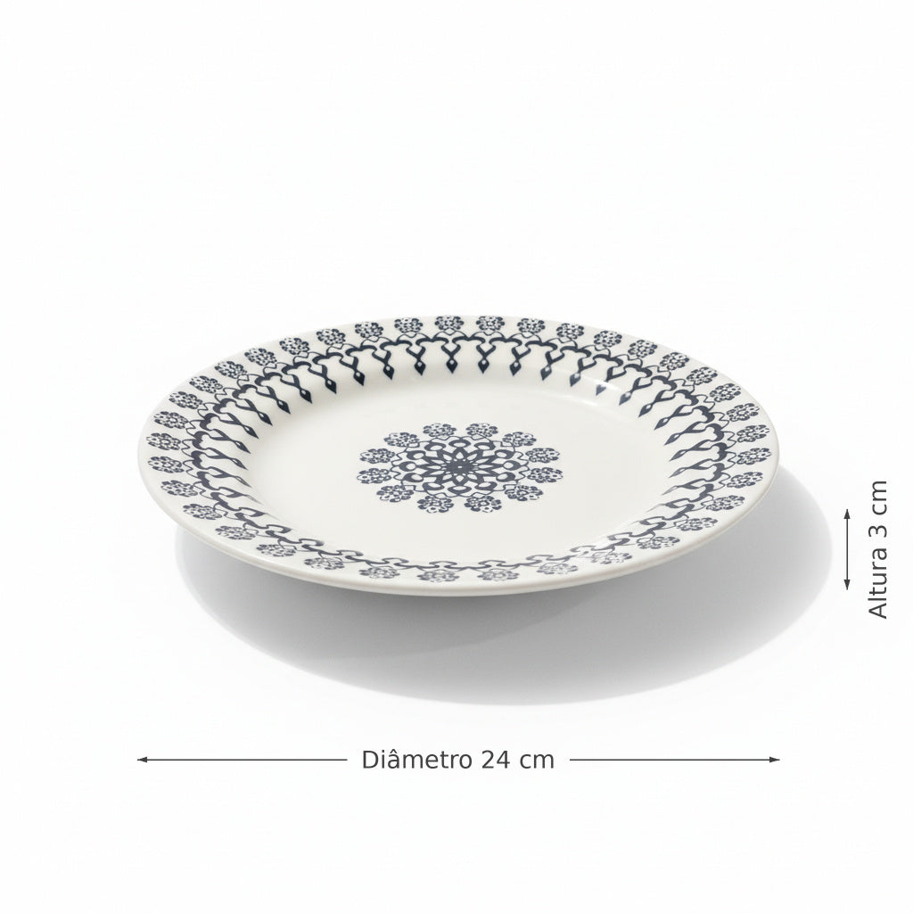 Conjunto 6 Pratos Rasos Folk 24cm | Cerâmica Biona Oxford | Estampa Abstrata