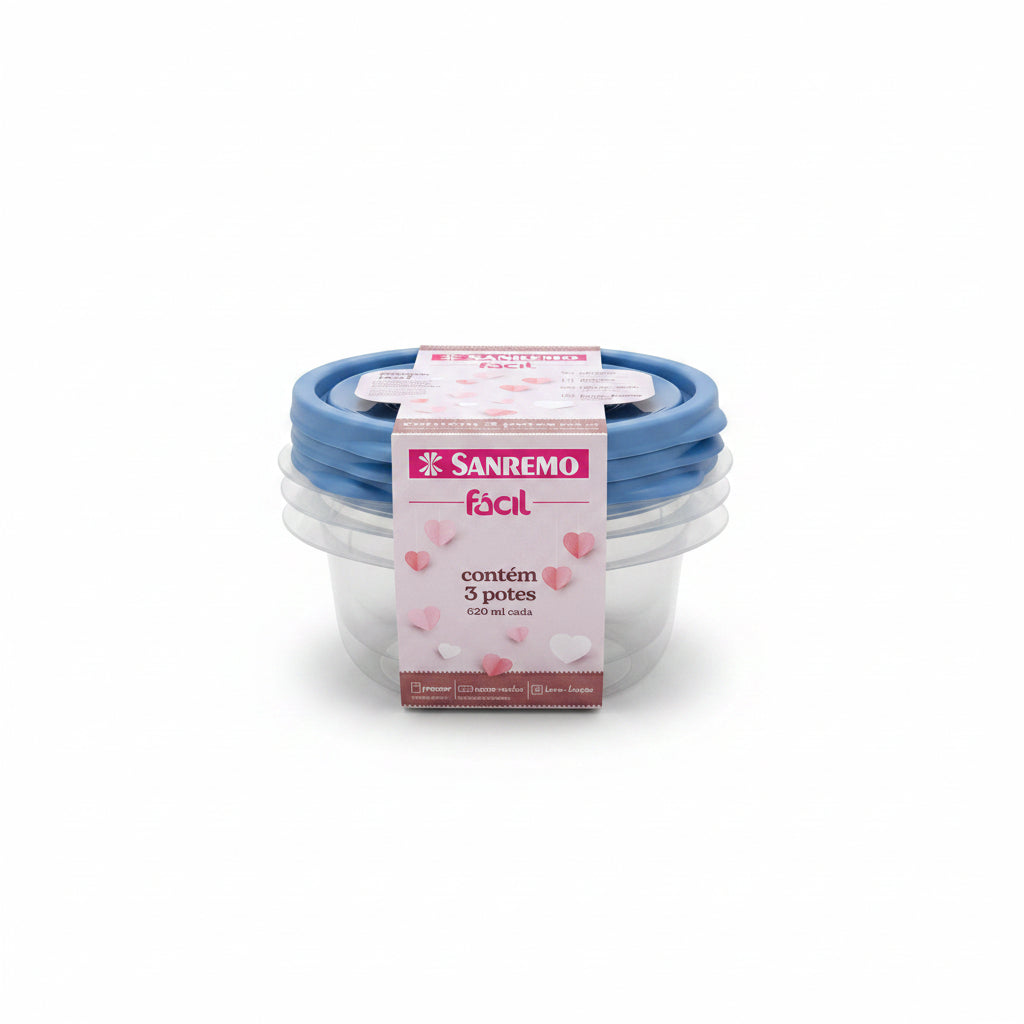 Conjunto 3 Potes Redondos Plástico 620ml — Sanremo Linha Fácil | Hermético • BPA Free | Micro-ondas, Freezer e Lava-louças