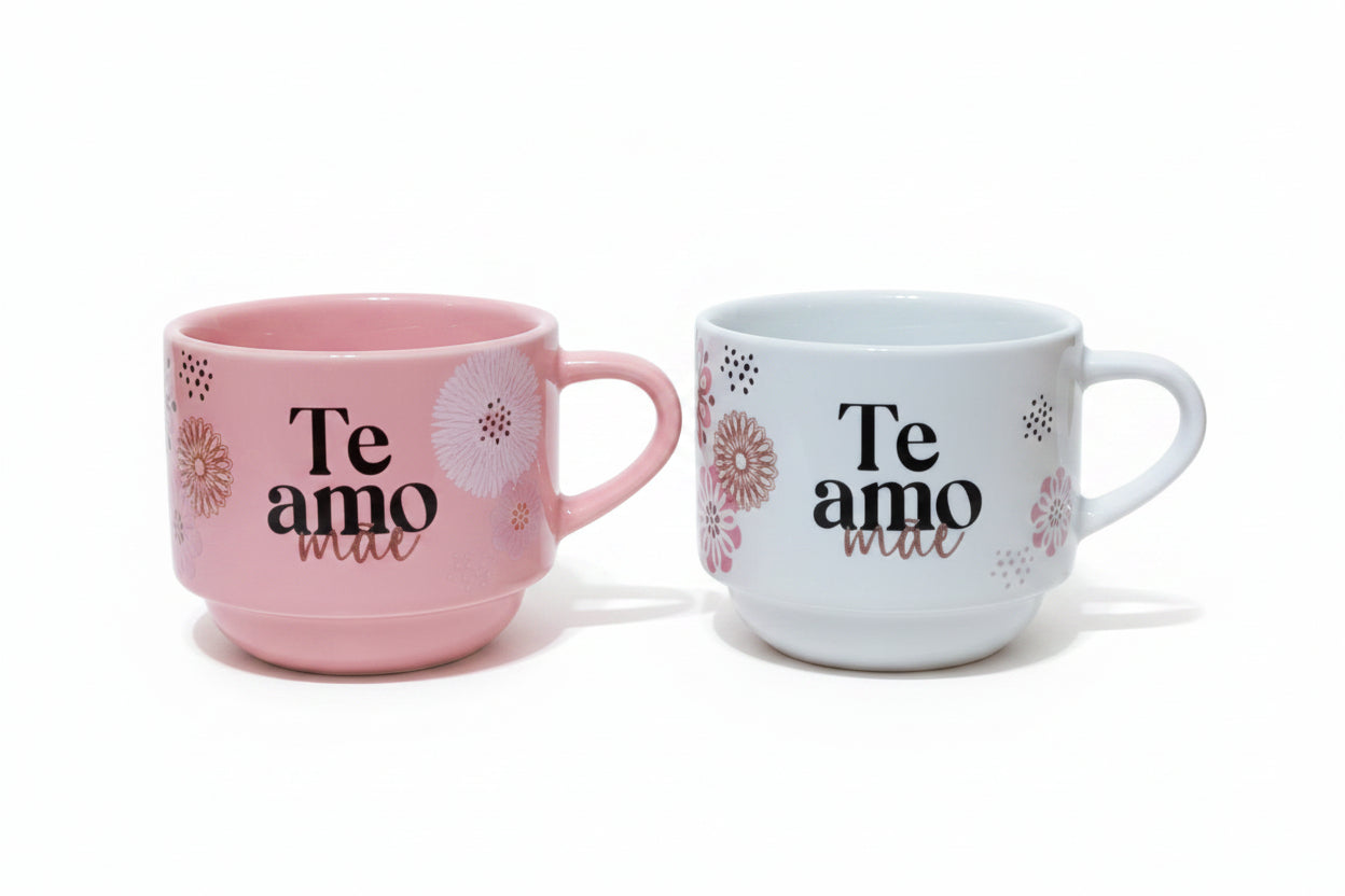 Kit 2 Canecas Porcelana 210ml Empilhadas | Amor de mãe é o melhor do mundo | Brasfoot