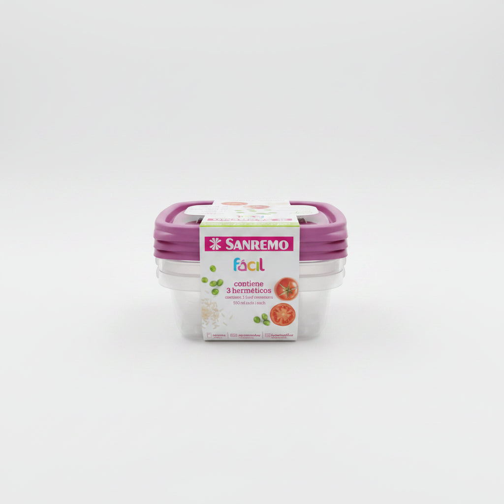 Conjunto 3 Potes Quadrados Hermético 530ml Sanremo Fácil — Micro-ondas, Freezer e Lava-louças | SR124/7C