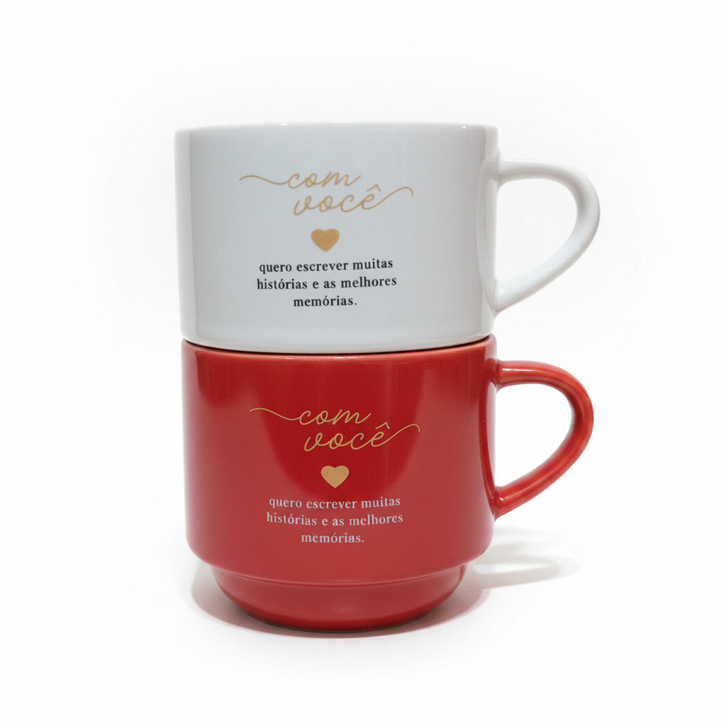 Kit 2 Canecas de Porcelana Empilháveis "A vida é mais bonita ao seu lado" 210ml – Brasfoot