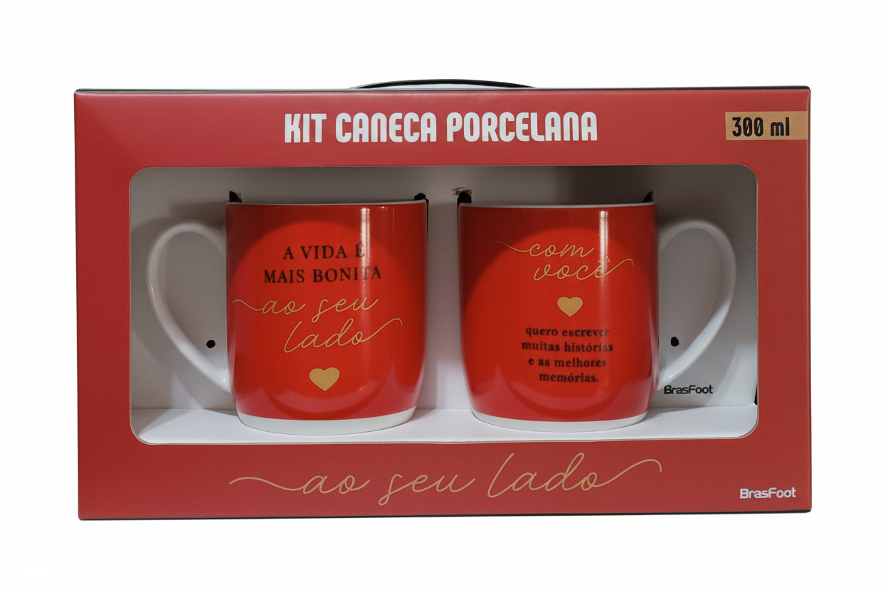 Kit 2 Canecas de Porcelana 300ml Brasfoot Urban – “A Vida é Mais Bonita ao Seu Lado”