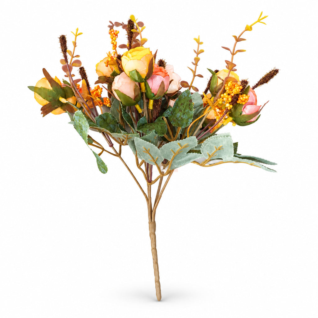Buquê de Camélias Artificiais Amarelo e Laranja Outono 31 cm – 13 Hastes | Florarte