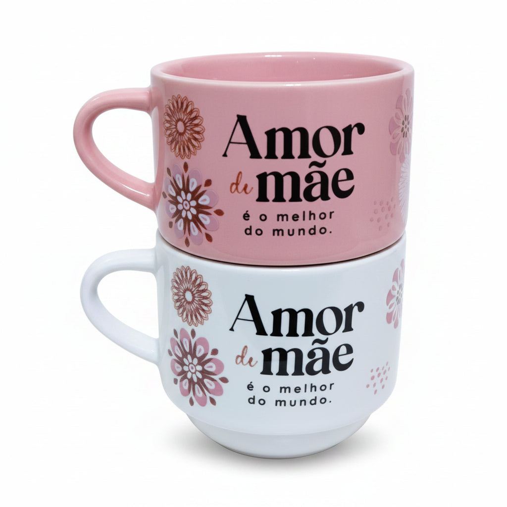 Kit 2 Canecas Porcelana 210ml Empilhadas | Amor de mãe é o melhor do mundo | Brasfoot