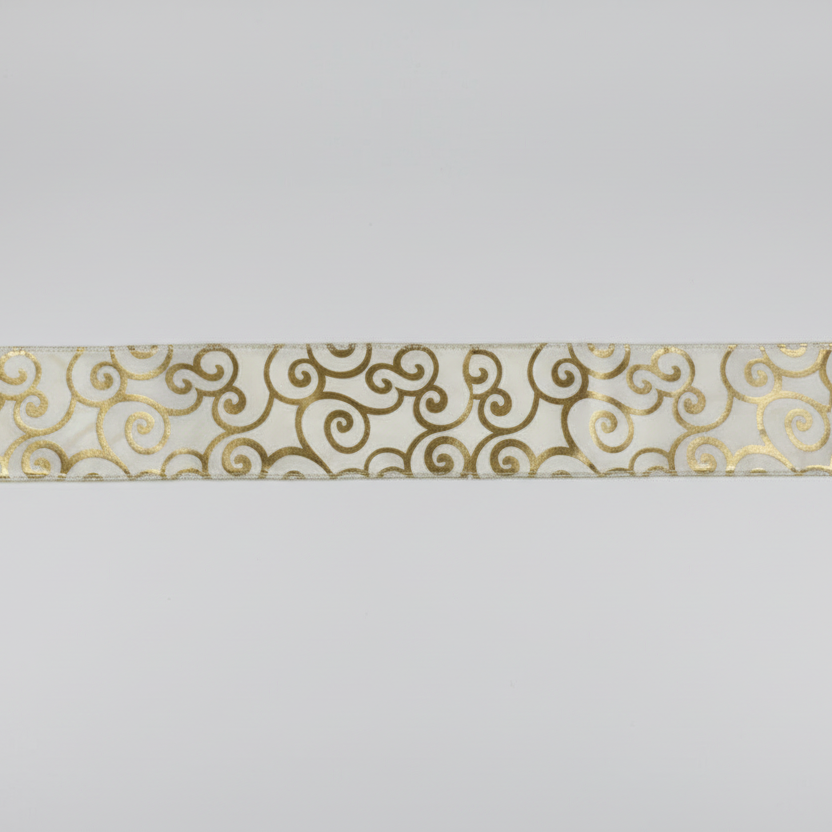 Fita Aramada de Veludo Metalizada FlorArte 6,3 cm x 9,14 m – Branco com Detalhes Dourados | Laços, Decoração & Presentes