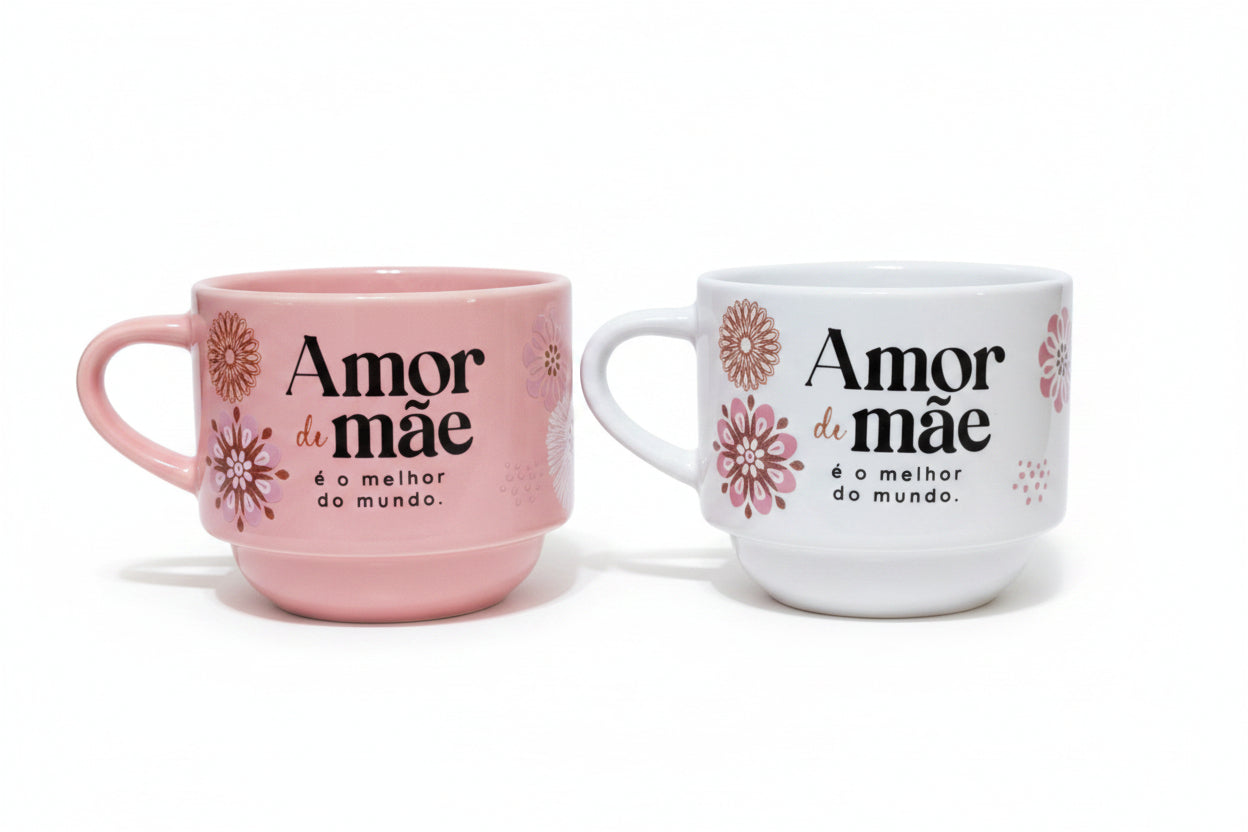 Kit 2 Canecas Porcelana 210ml Empilhadas | Amor de mãe é o melhor do mundo | Brasfoot